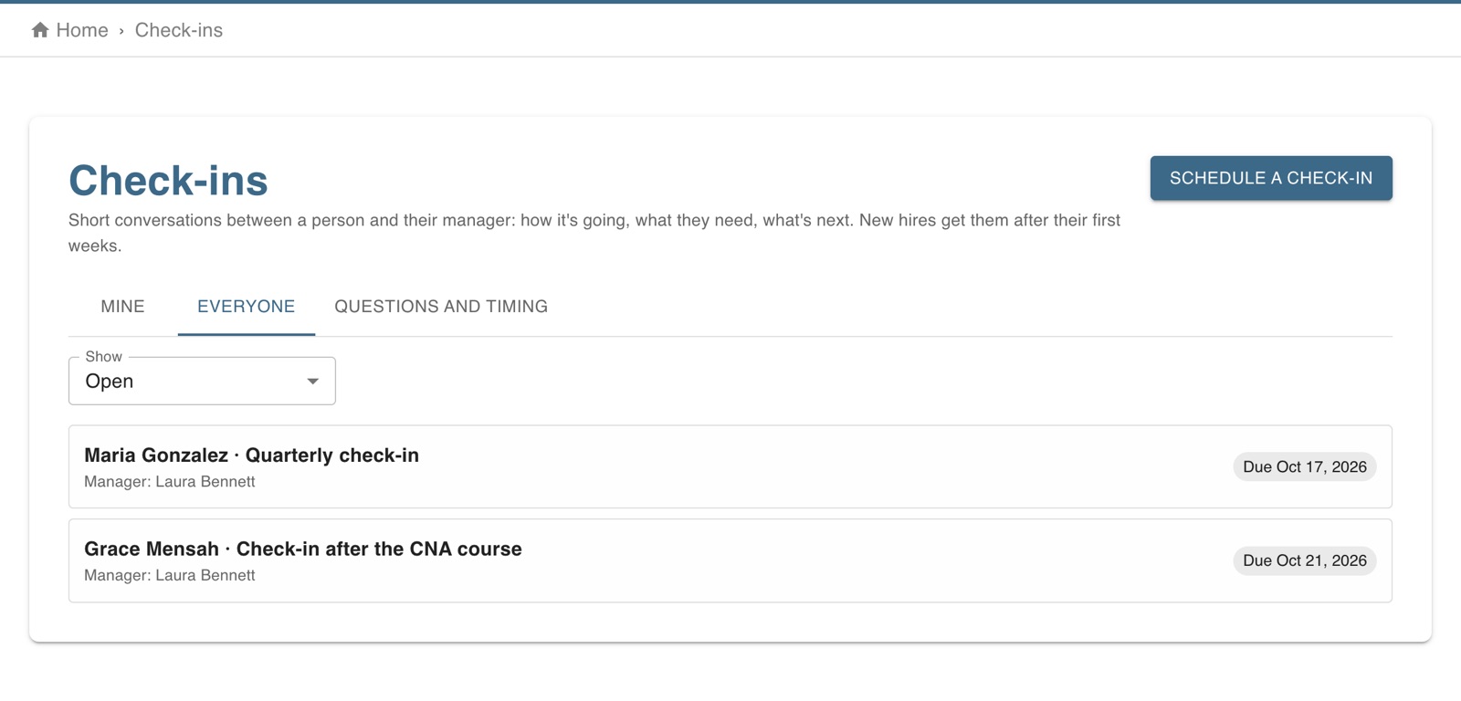 Check-ins scheduled with two employees, each with their manager and the day they meet