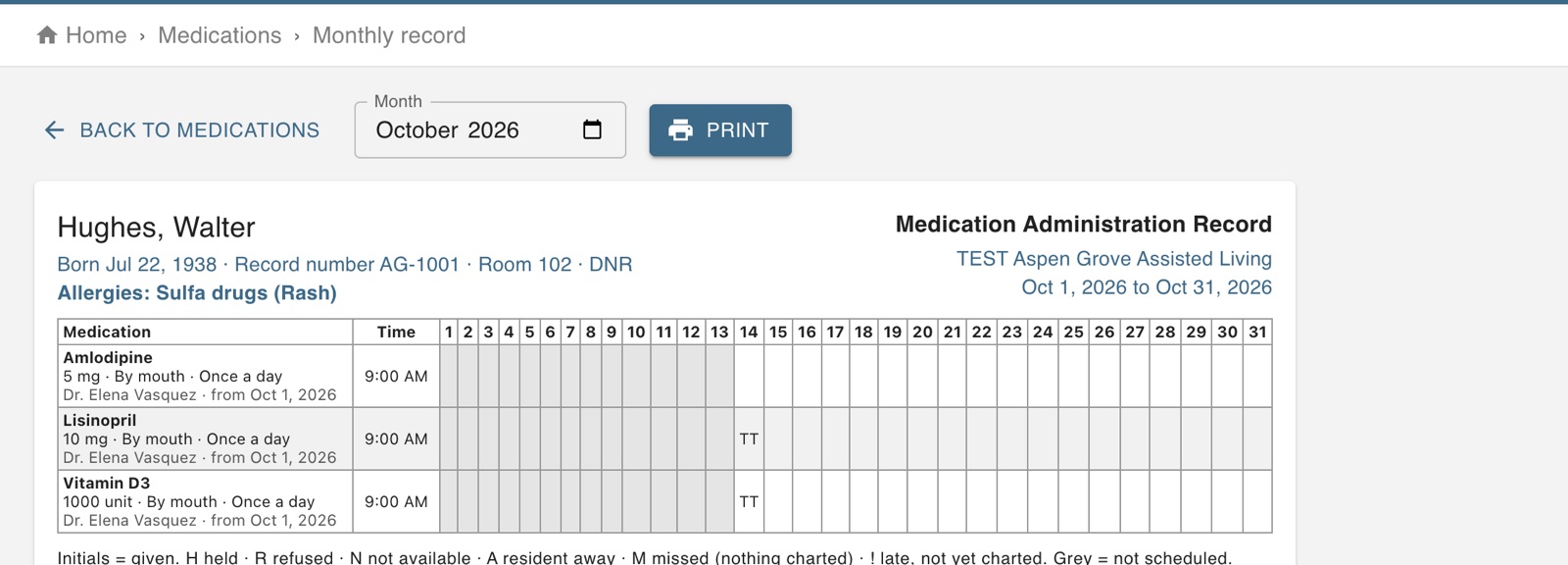Monthly medication administration record for a resident with a day-by-day grid and legend