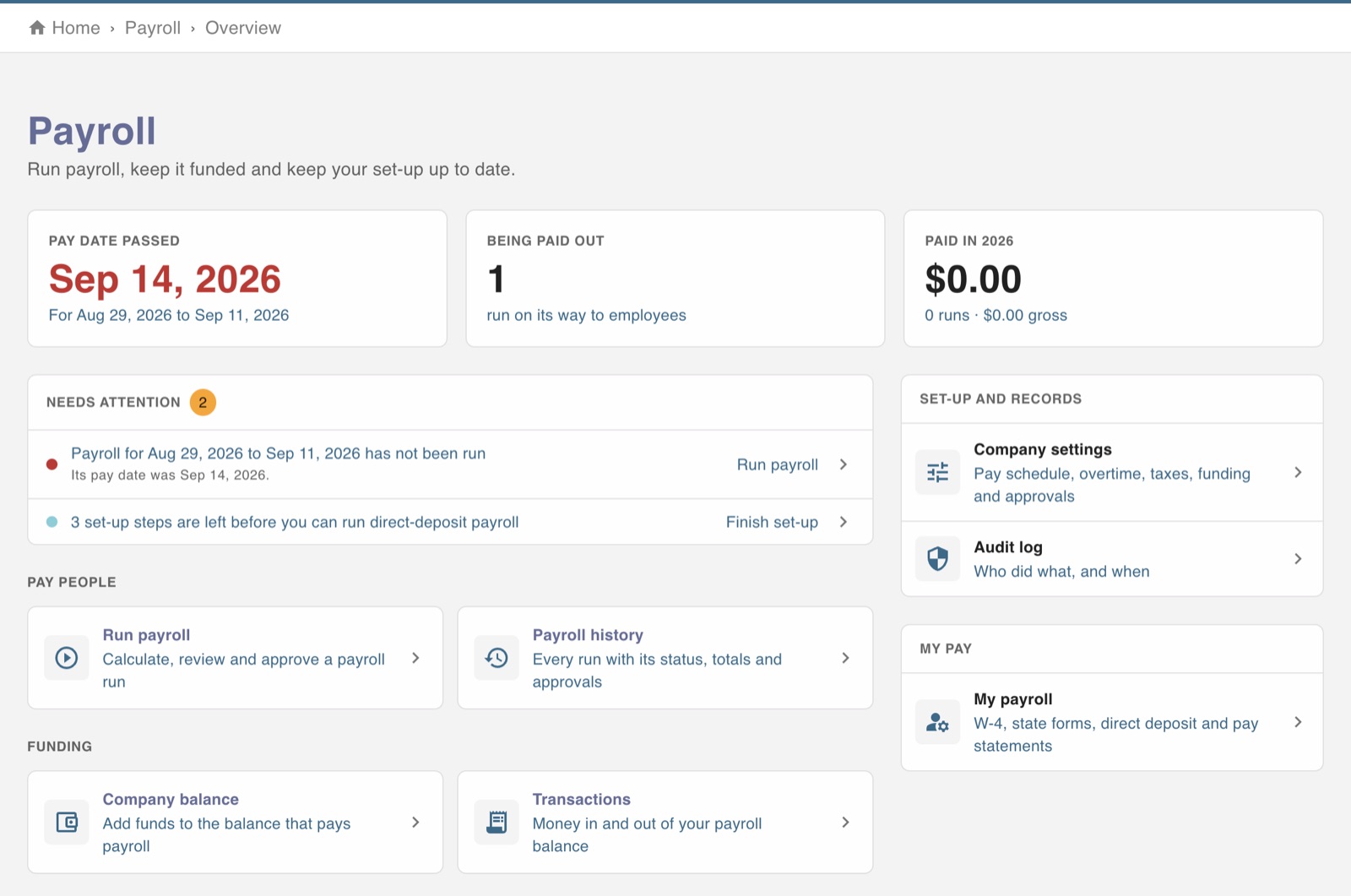 Worktrim payroll overview with the next pay date and what needs attention before the run