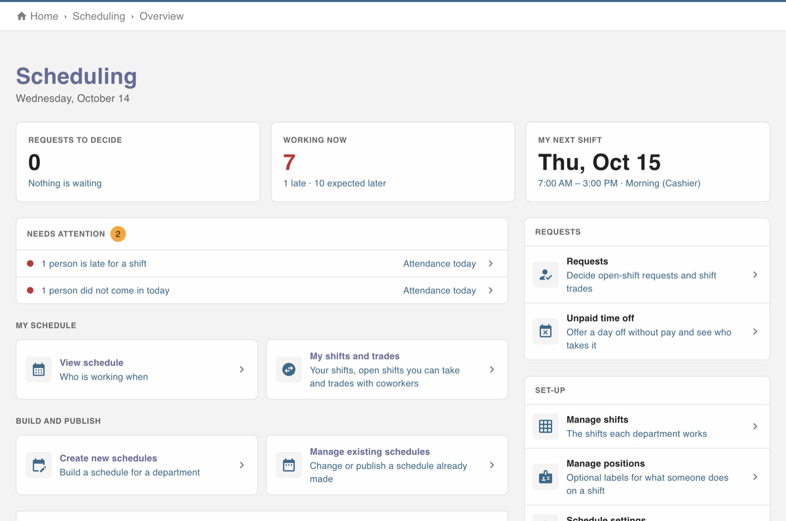 Scheduling overview with open-shift requests and shift trades waiting for a decision