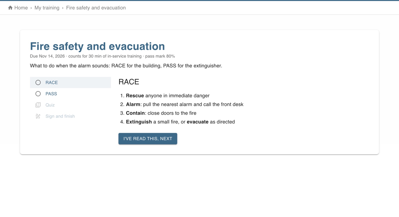 An employee taking the Fire safety and evacuation course, on the RACE lesson, with the quiz and signature still to come