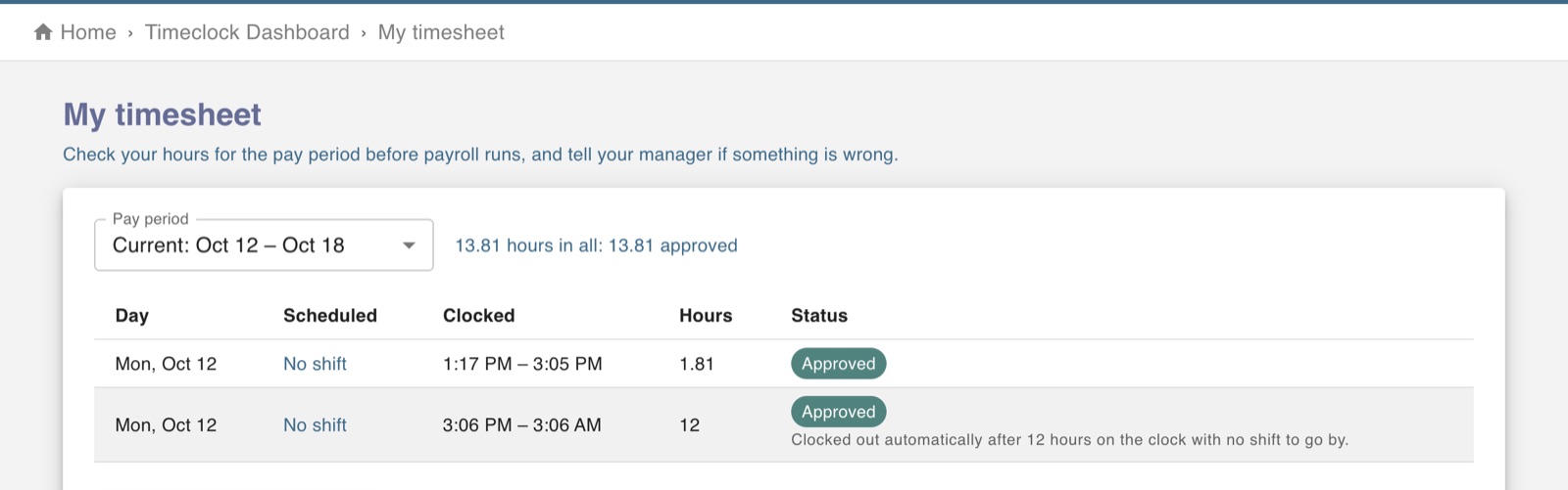An employee's timesheet for the pay period with approved punches and a button to confirm the hours