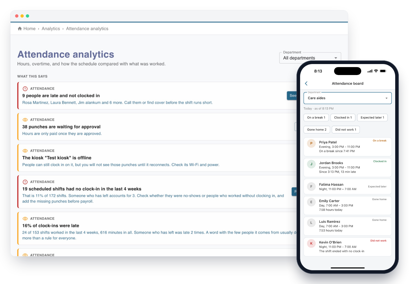 Attendance analytics on the web flagging late staff and an offline kiosk, and the mobile app's board of who is in right now