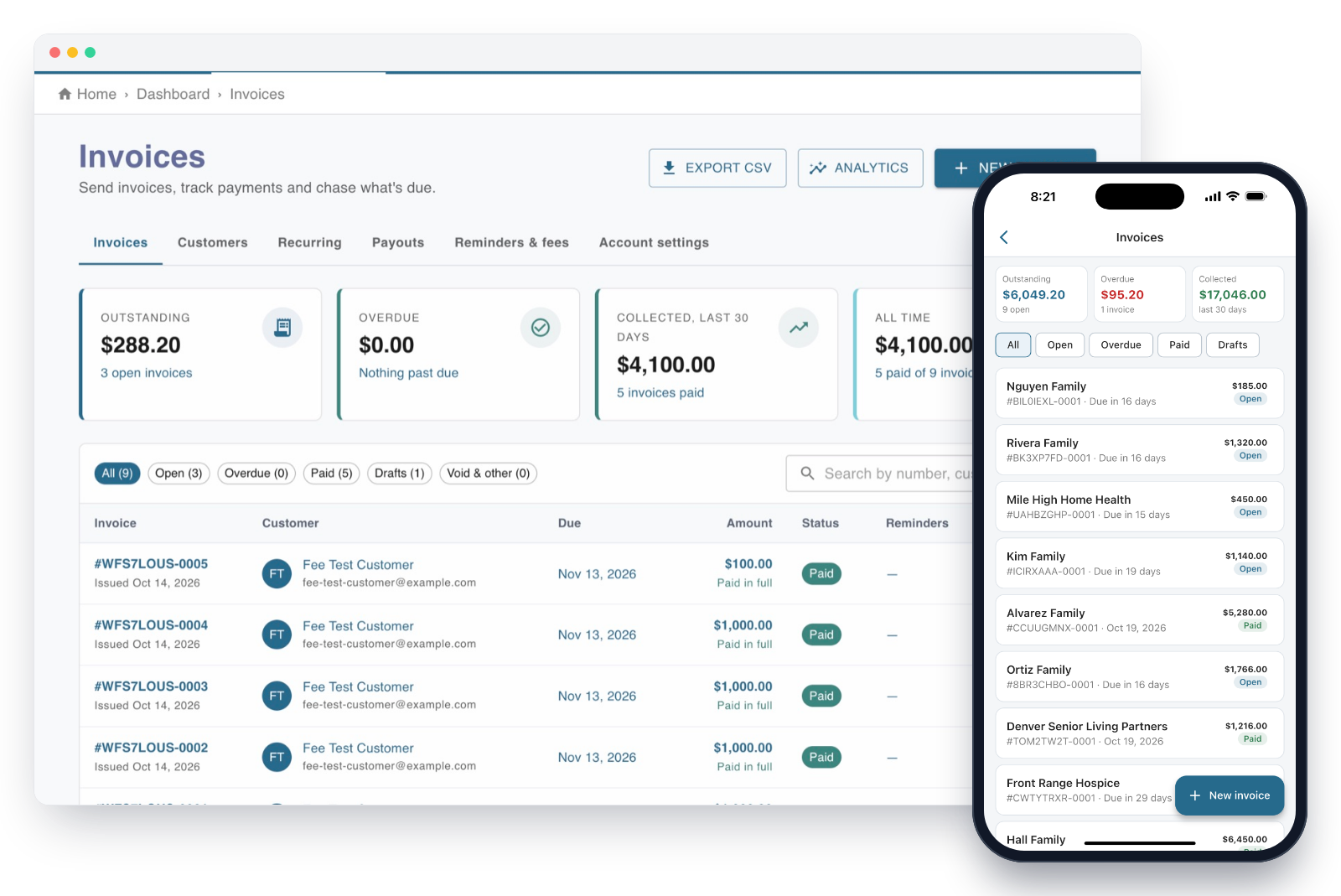 Invoices on the web with outstanding, overdue and collected totals, and the same invoices on the Worktrim mobile app