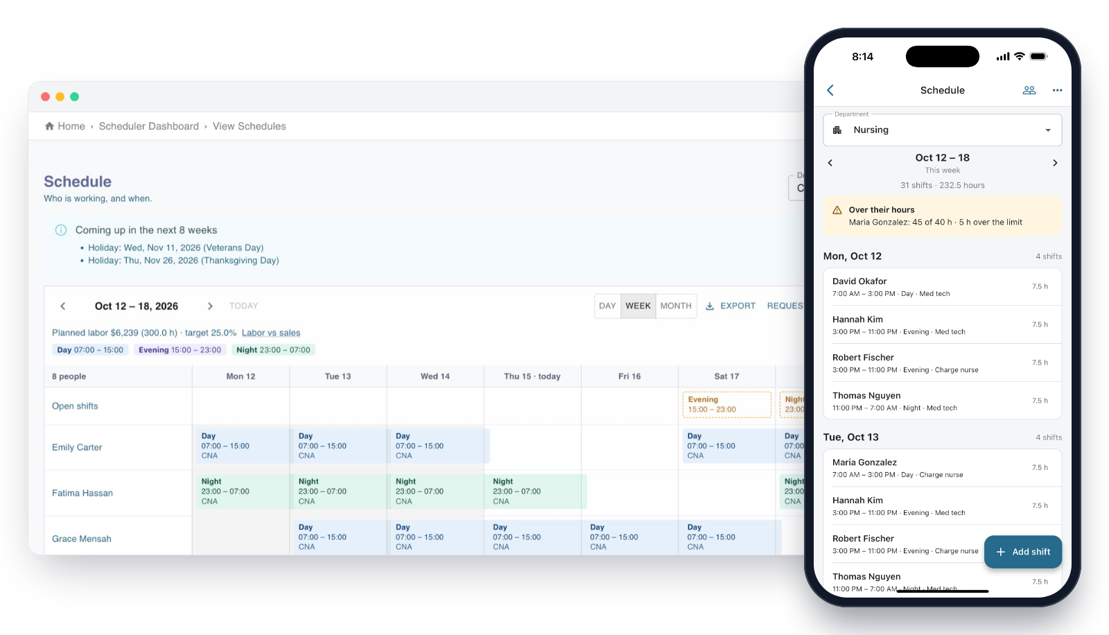 Weekly schedule on the web with each person's shifts and hours, and the same week on the Worktrim mobile app with an over-hours warning