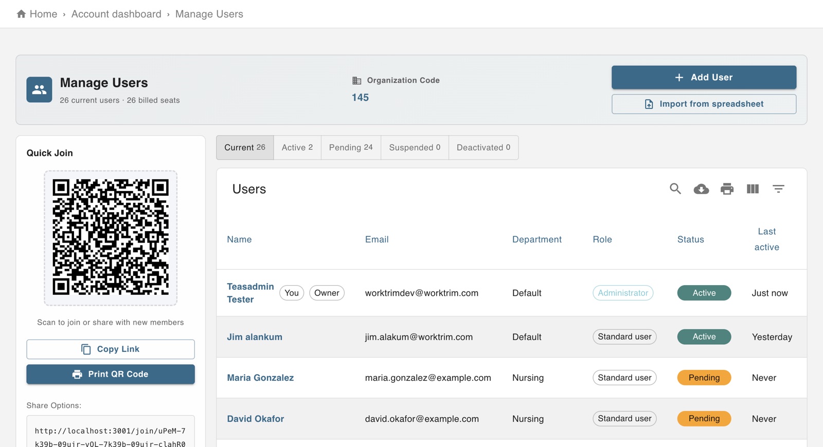 Manage users: the people in the company with their role, department and status, and the join code for new members