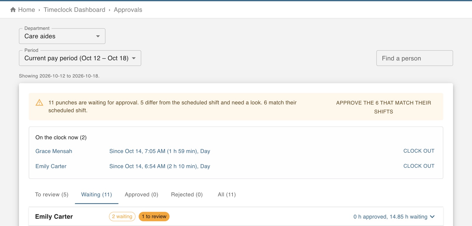 Approvals for the current pay period, with tabs for punches to review, waiting, approved and rejected