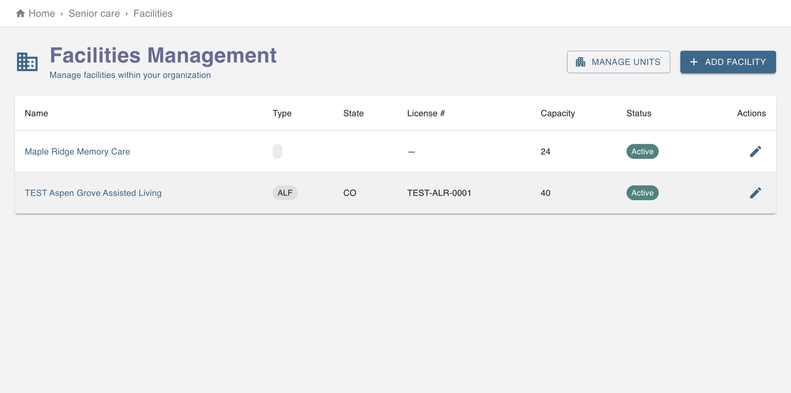 Facilities management listing a facility with its type, state, licence number and capacity