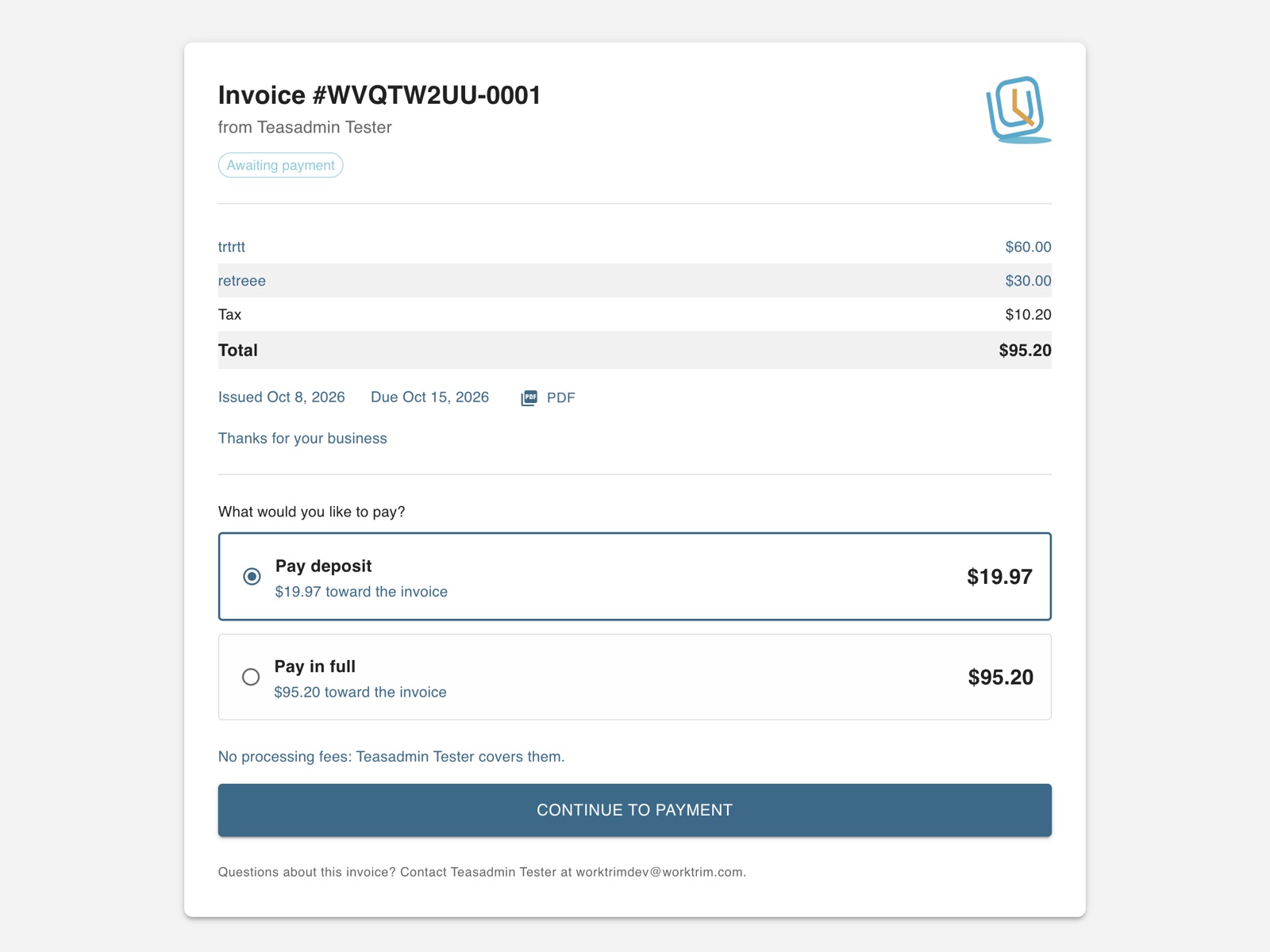 The invoice pay page a customer sees, with the invoice, what is due and the ways to pay
