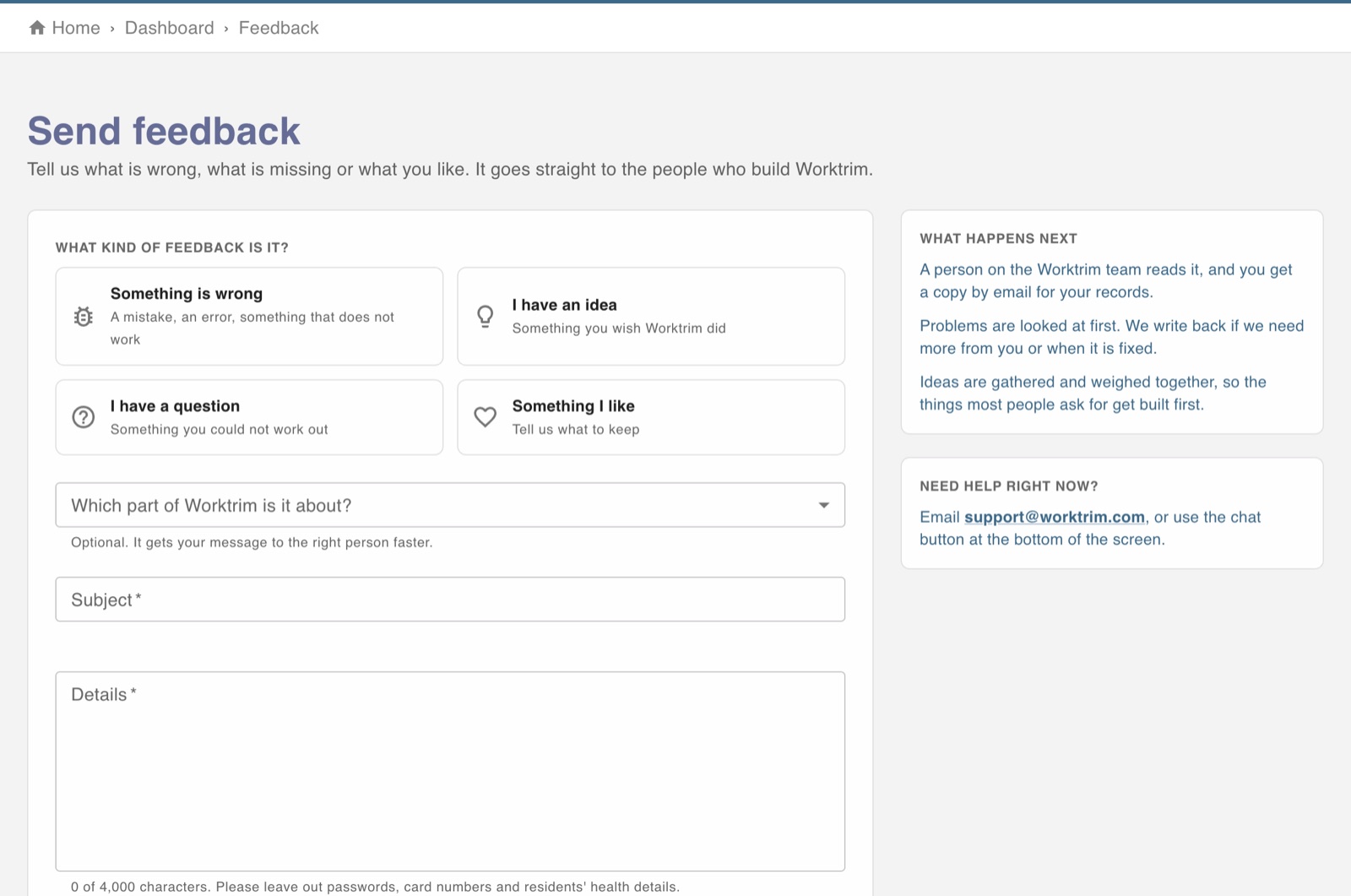 Send feedback form for problems, ideas, questions and praise, with how to get urgent help
