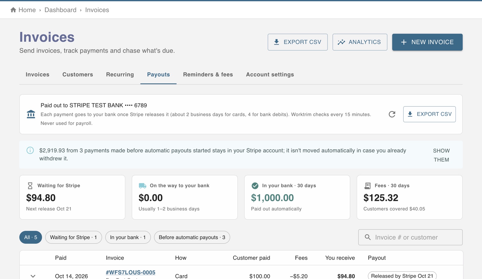 Invoice payouts: money waiting for Stripe, on the way to your bank, in your bank, and fees