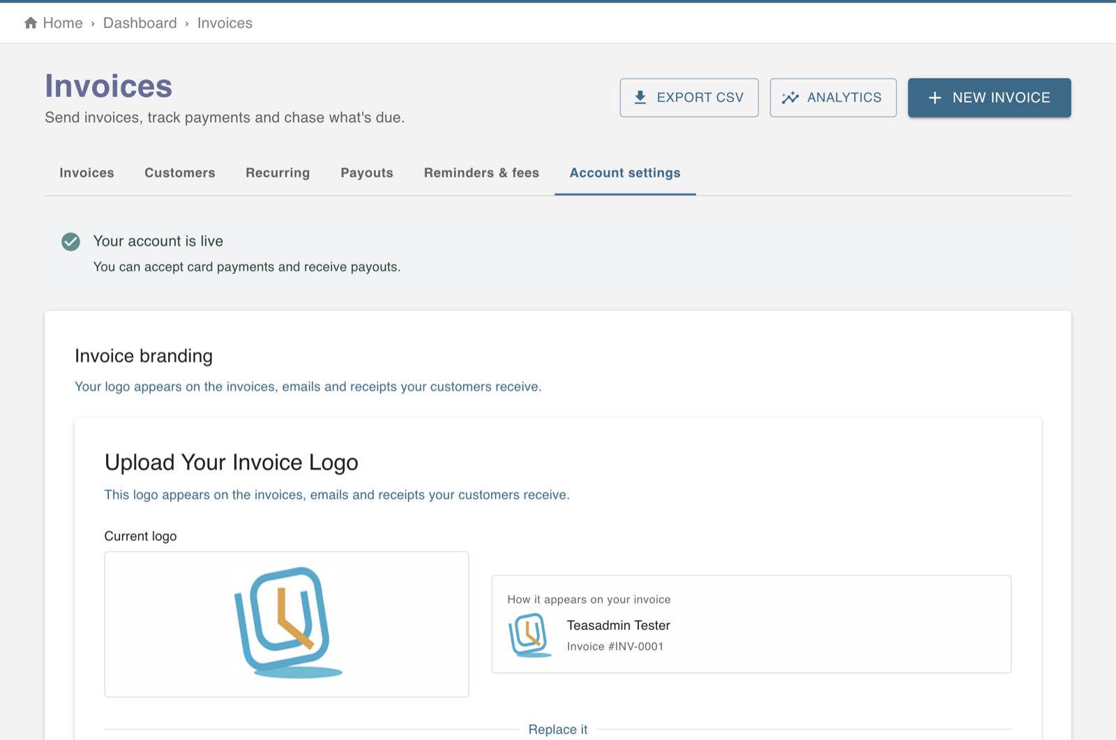 Invoice account settings showing the account is live and the invoice branding