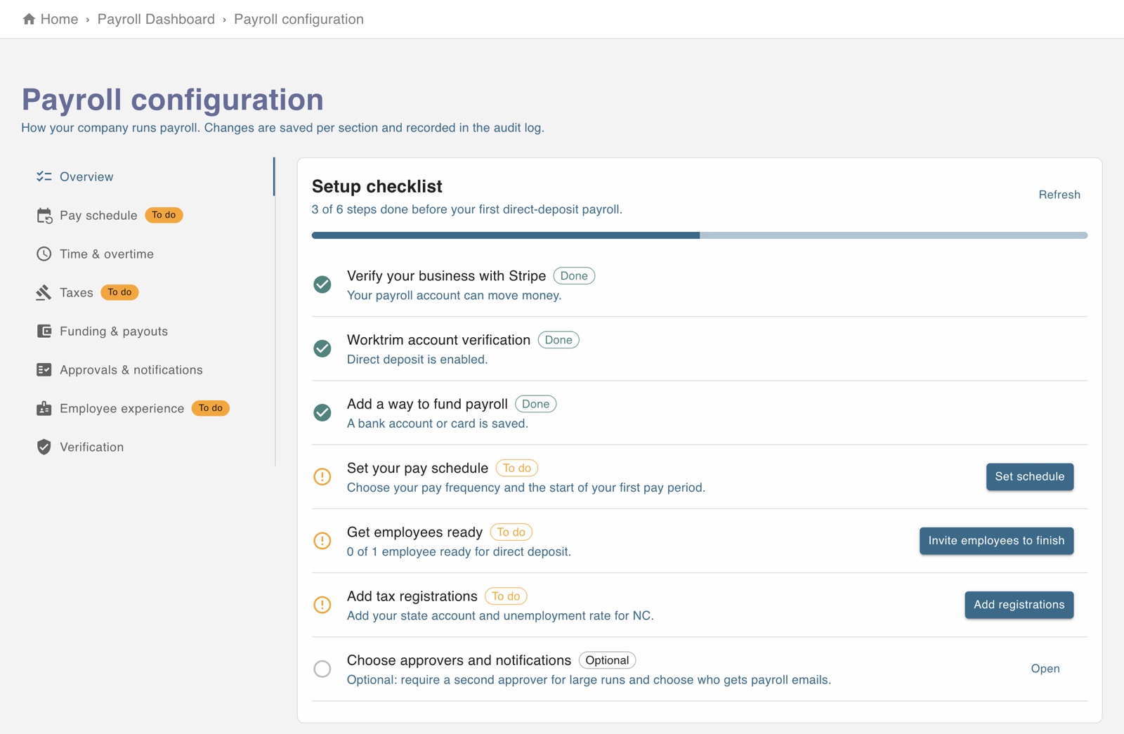 Payroll configuration with the setup checklist before the first direct-deposit payroll