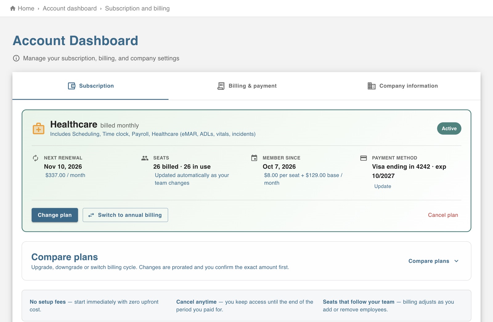 Subscription and billing: the current plan, next renewal, seats in use and payment method