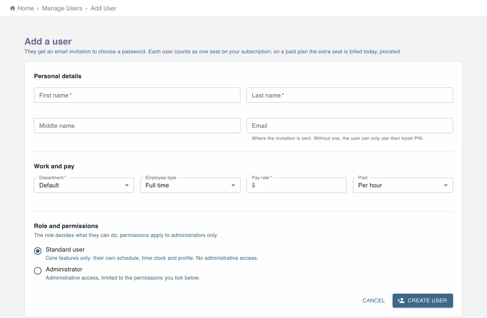 Add a user form with personal details, work and pay, and the role and permissions section