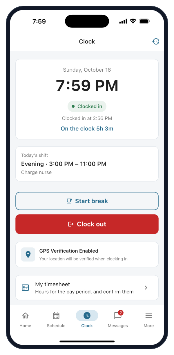 Clocked in on the Worktrim mobile app, with today's shift, a break button and GPS verification