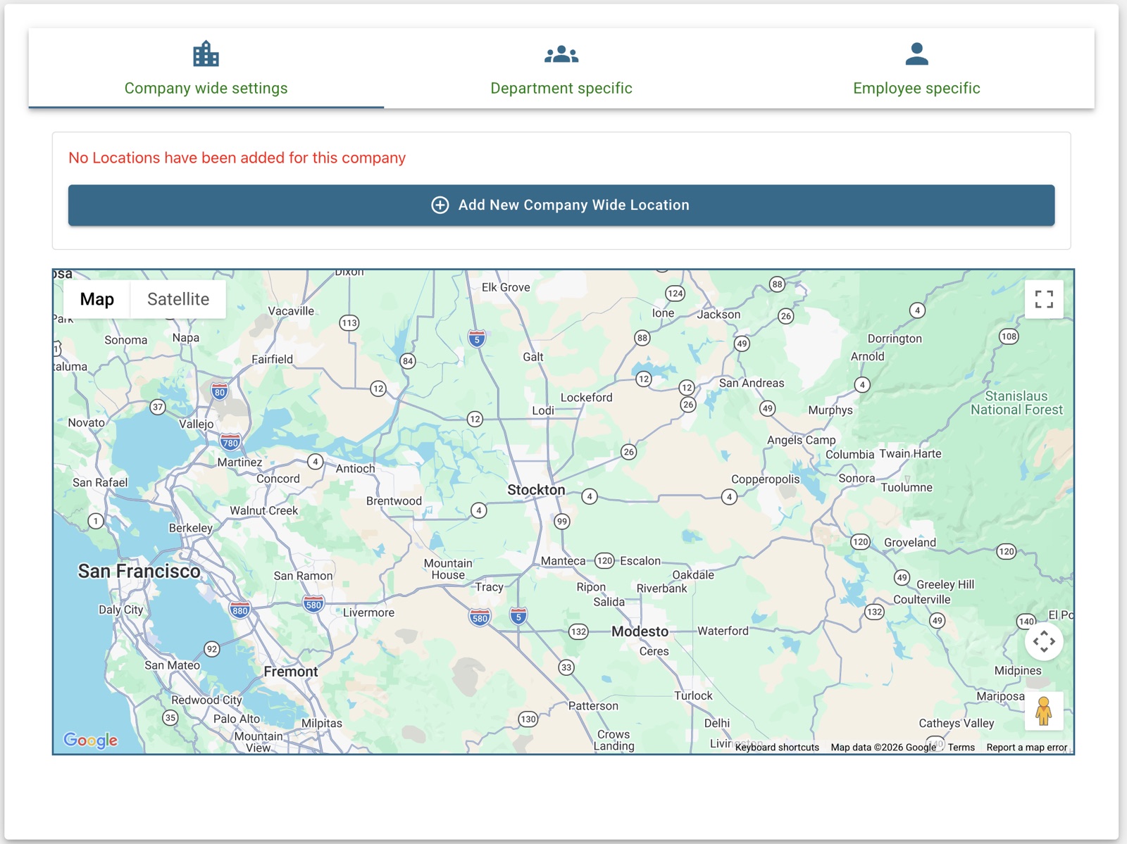 Geofence settings showing the allowed clock-in area around a work site