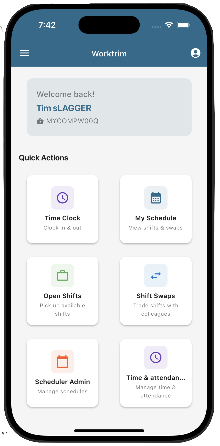 Worktrim mobile app home screen